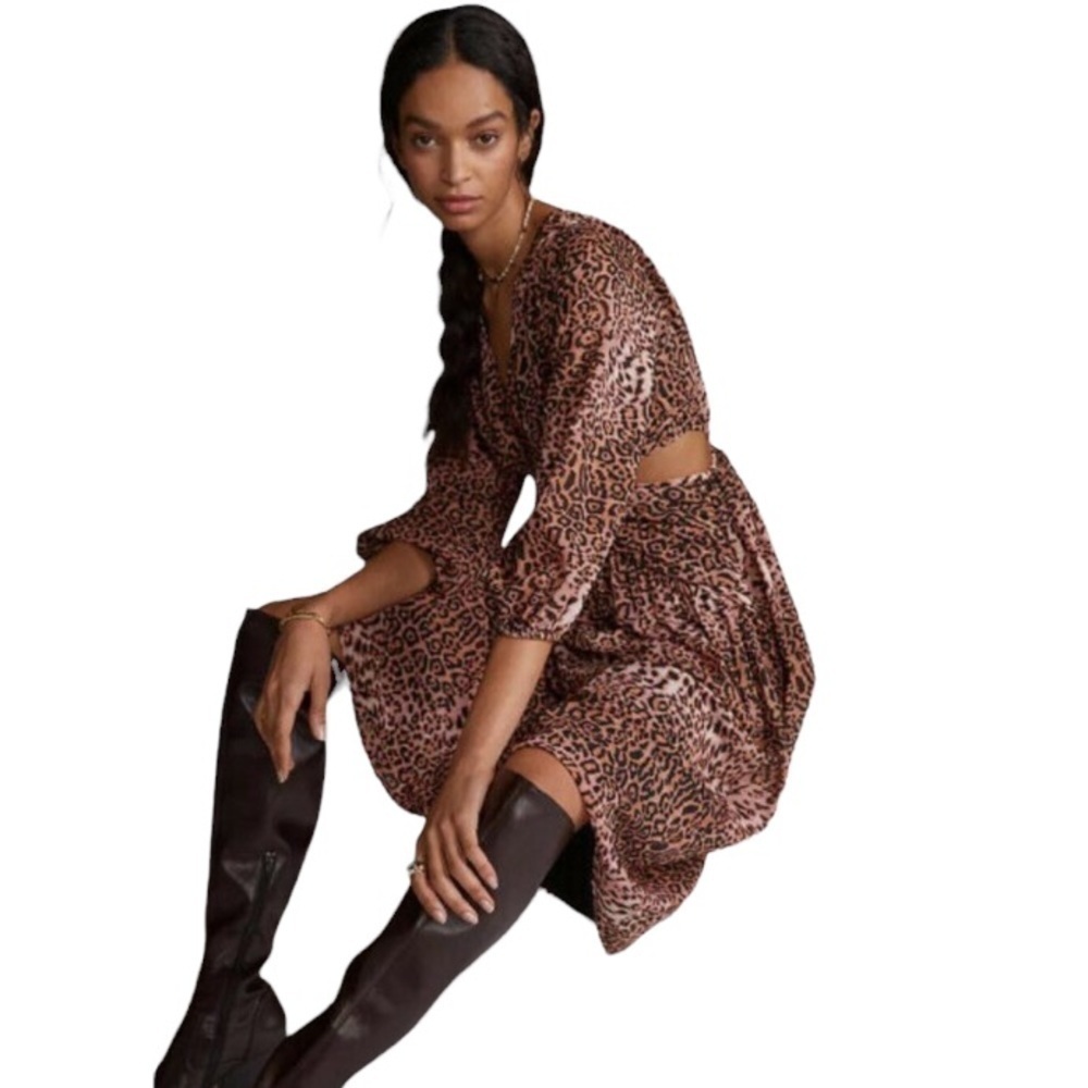 Anthropologie Ranna Gill Brown/Black Cheetah Cut Out MIDI Dress Petit Large